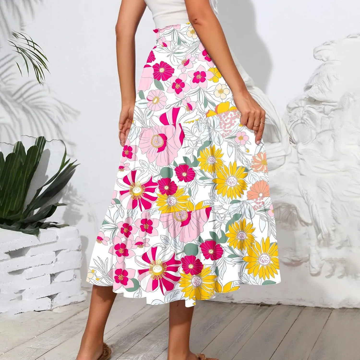 Midi Skirts for Women 2025 High Elastic Waisted Boho Floral Skirts A Line Tiered Ruffle Skirt Flowy Skorts with Pockets