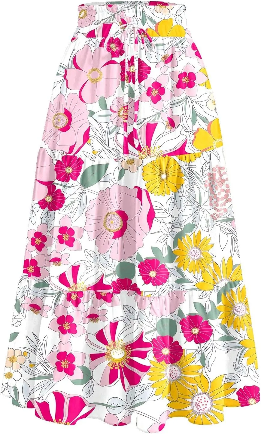 Midi Skirts for Women 2025 High Elastic Waisted Boho Floral Skirts A Line Tiered Ruffle Skirt Flowy Skorts with Pockets