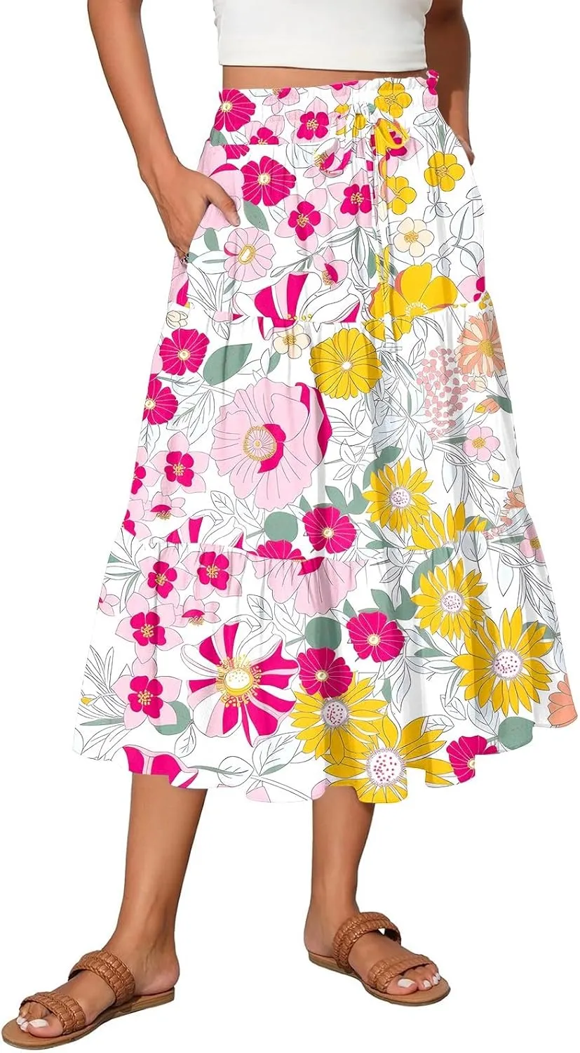 Midi Skirts for Women 2025 High Elastic Waisted Boho Floral Skirts A Line Tiered Ruffle Skirt Flowy Skorts with Pockets