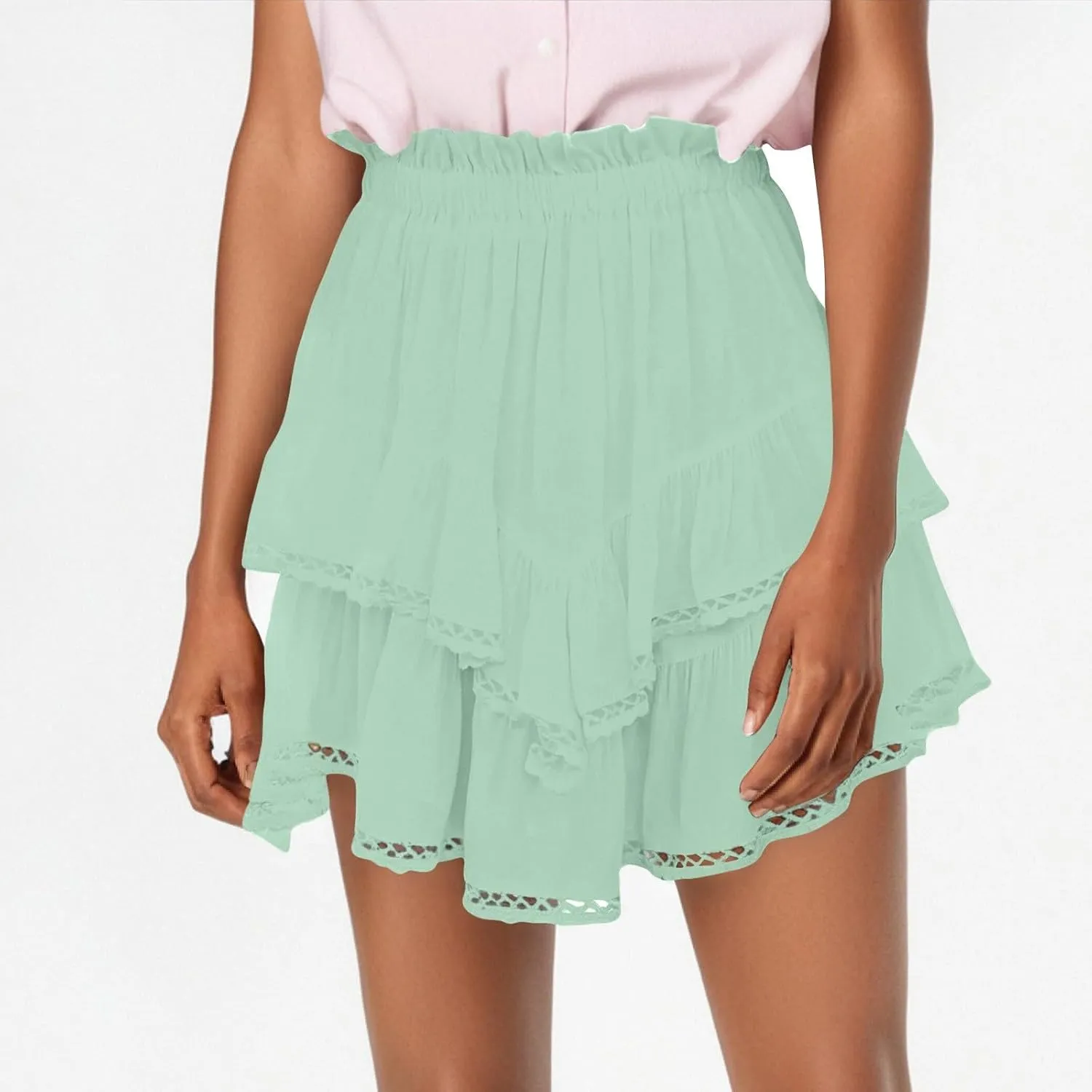 Mini Skirts for Women High Waisted Flowy Shorts for Women Casual Boho Pleated Crochet Ruffled Tiered Tennis Skorts Cute