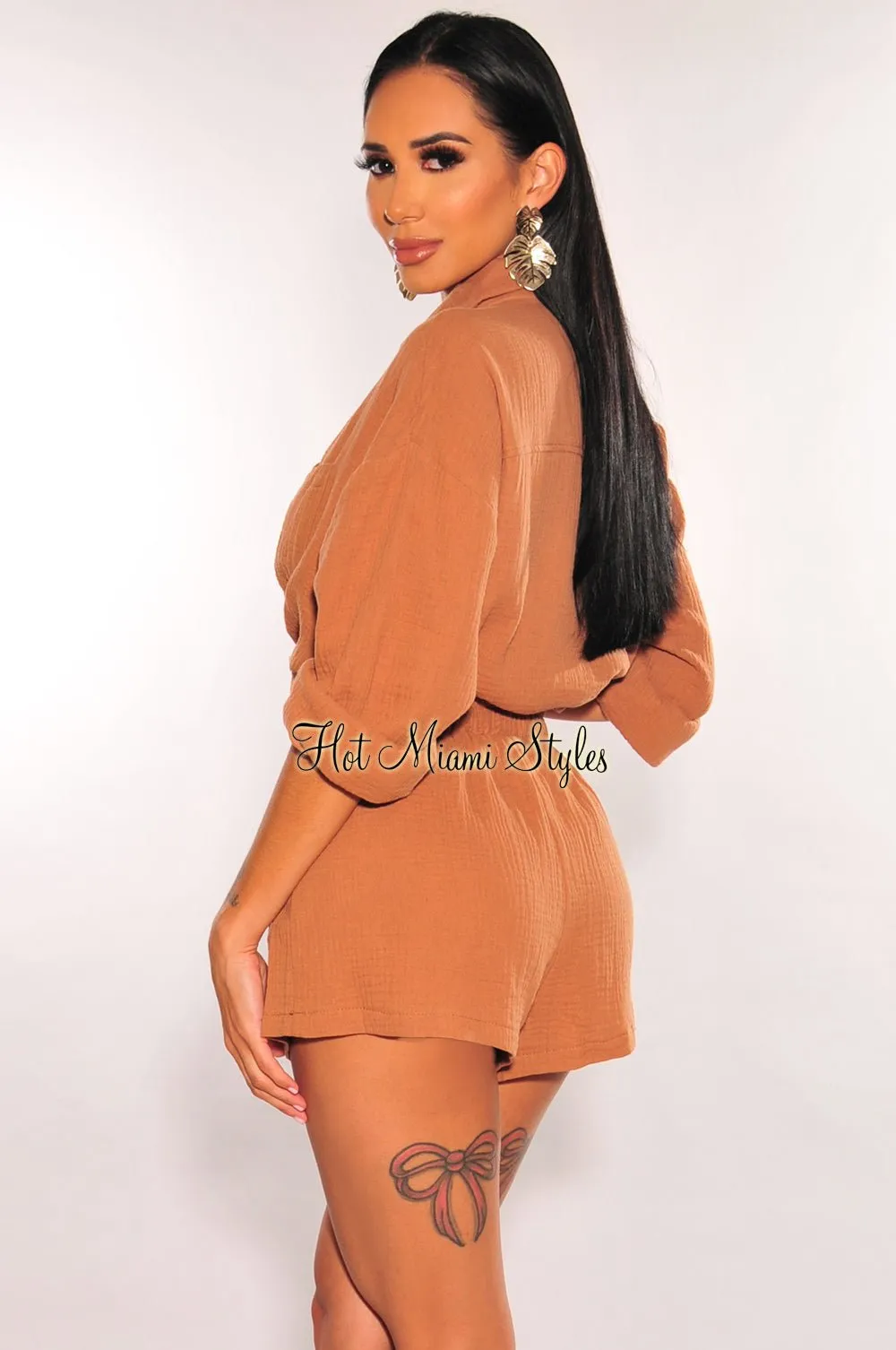 Mocha Collared Button Up Long Sleeve Shorts Two Piece Set