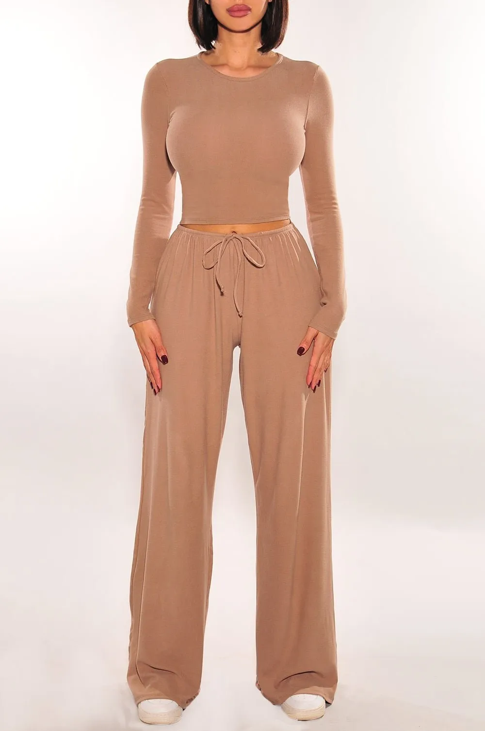 Mocha Long Sleeve High Waist Drawstring Wide Leg Two Piece Pants Set