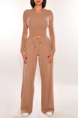 Mocha Long Sleeve High Waist Drawstring Wide Leg Two Piece Pants Set