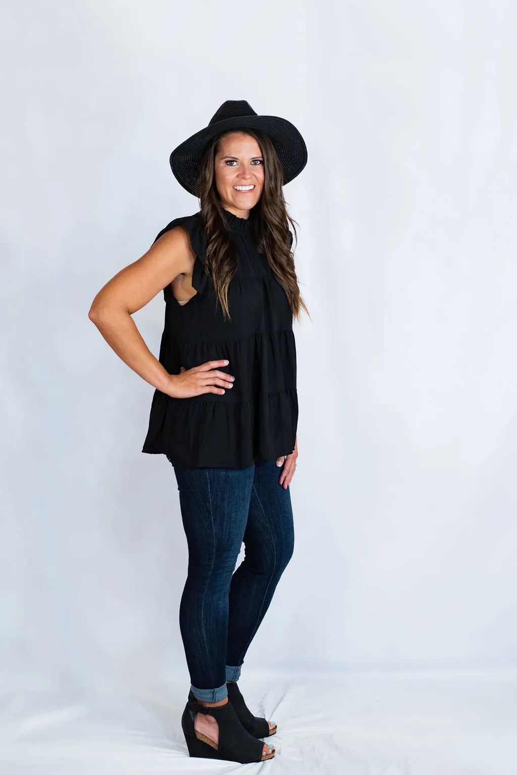 Mock Neck Ruffle Sleeve Tiered Tunic Top by Entro Clothing