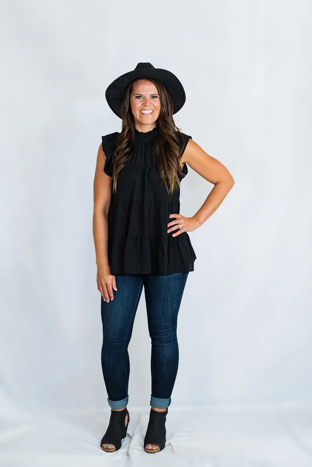 Mock Neck Ruffle Sleeve Tiered Tunic Top by Entro Clothing