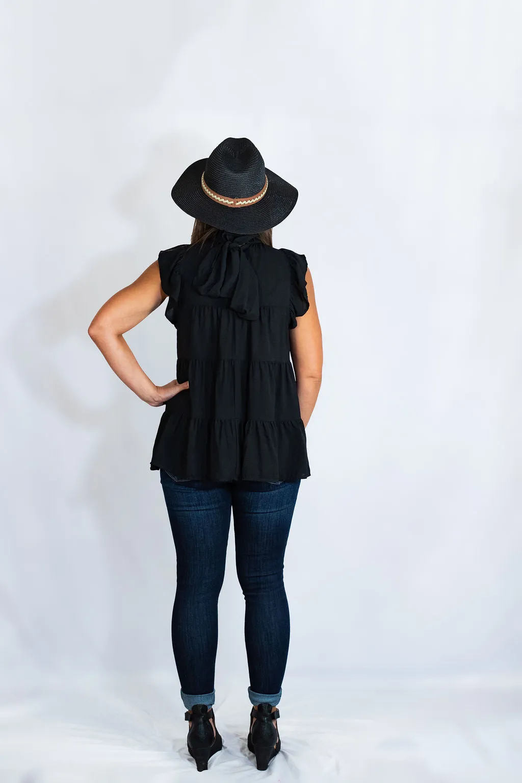 Mock Neck Ruffle Sleeve Tiered Tunic Top by Entro Clothing