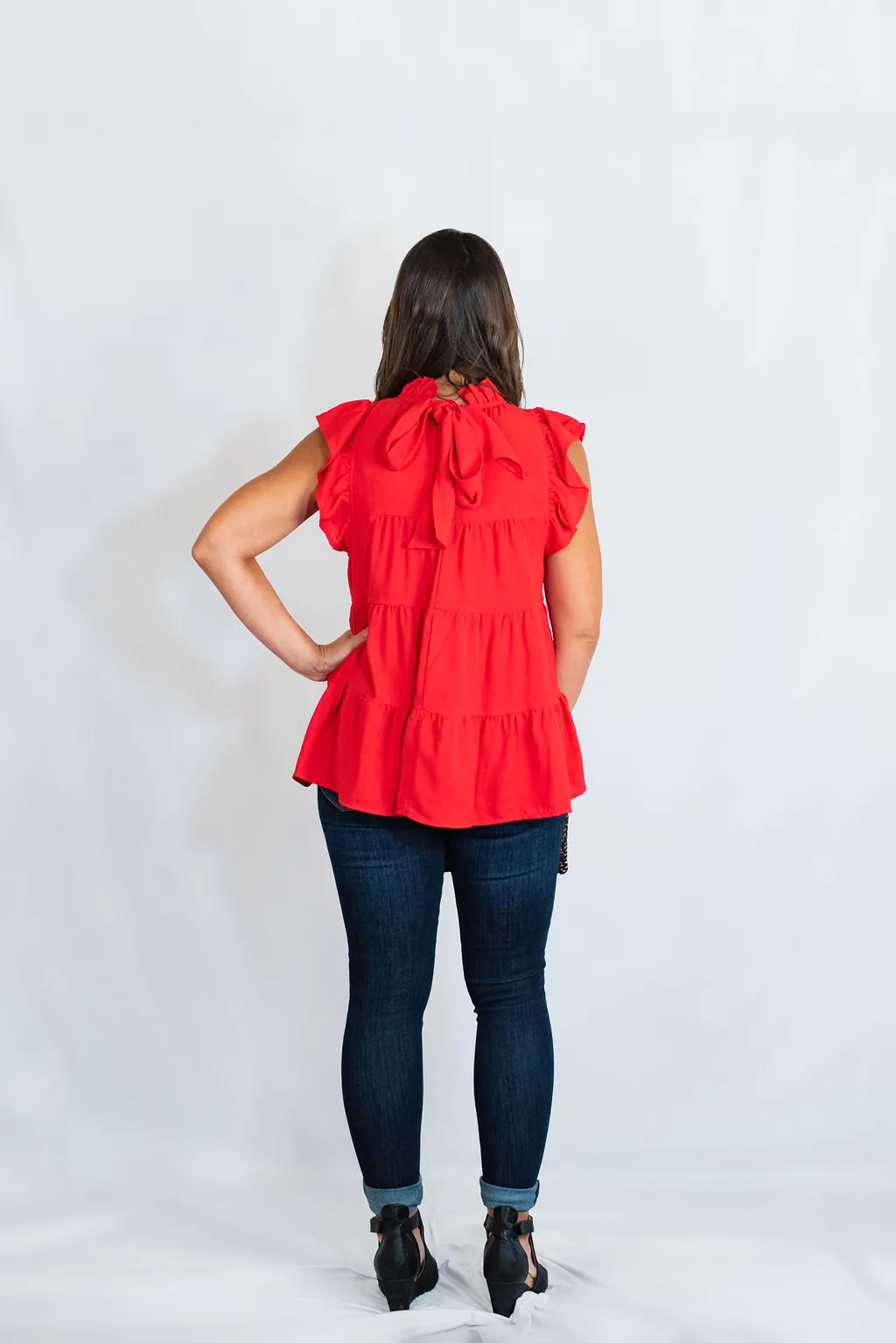 Mock Neck Ruffle Sleeve Tiered Tunic Top by Entro Clothing
