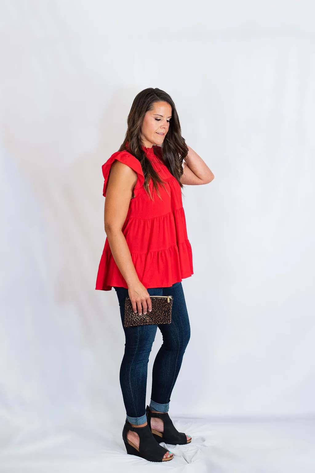 Mock Neck Ruffle Sleeve Tiered Tunic Top by Entro Clothing