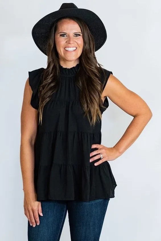 Mock Neck Ruffle Sleeve Tiered Tunic Top by Entro Clothing