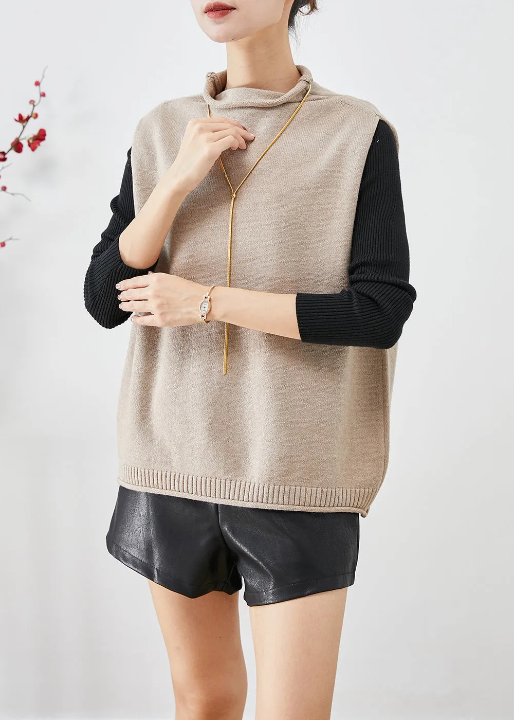 Modern Light Camel Turtle Neck Knit Vest Tops Fall LY9264