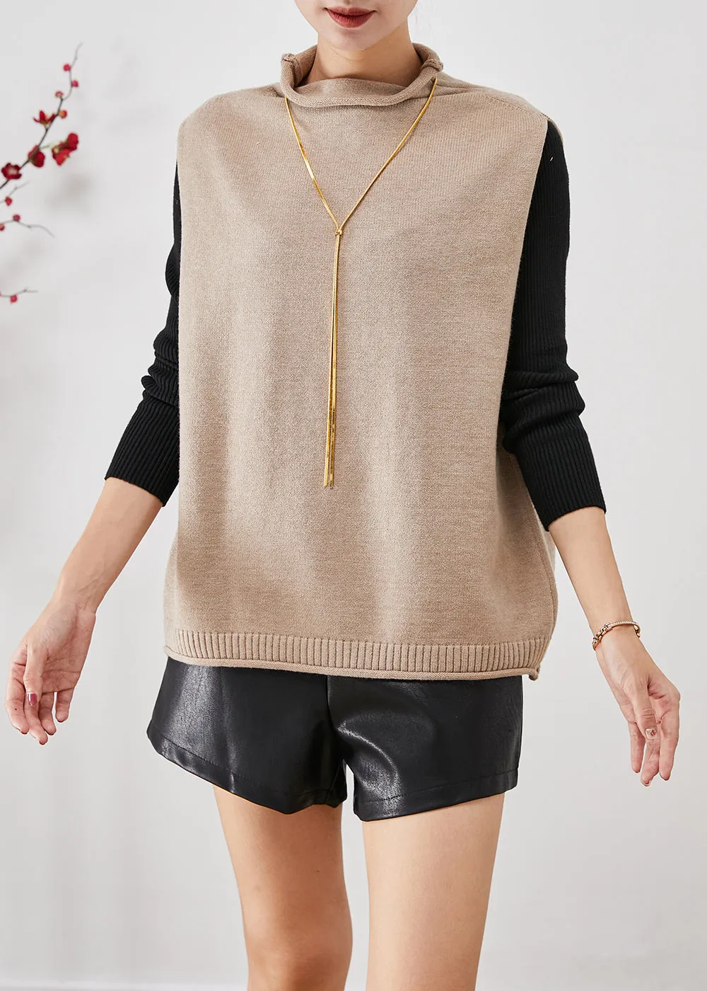 Modern Light Camel Turtle Neck Knit Vest Tops Fall LY9264