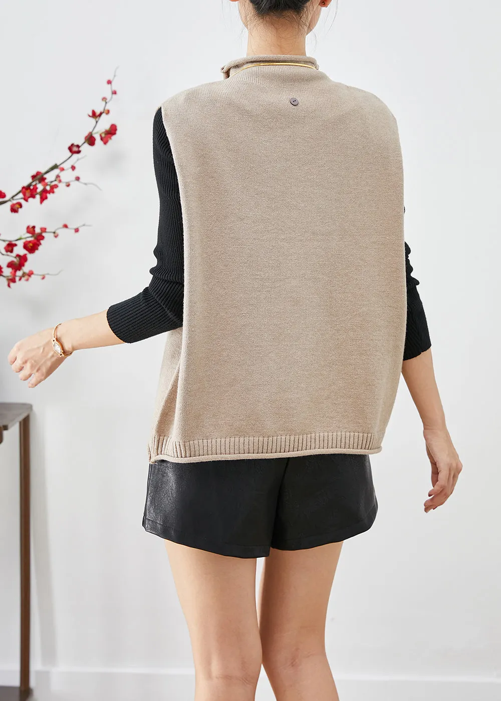 Modern Light Camel Turtle Neck Knit Vest Tops Fall LY9264