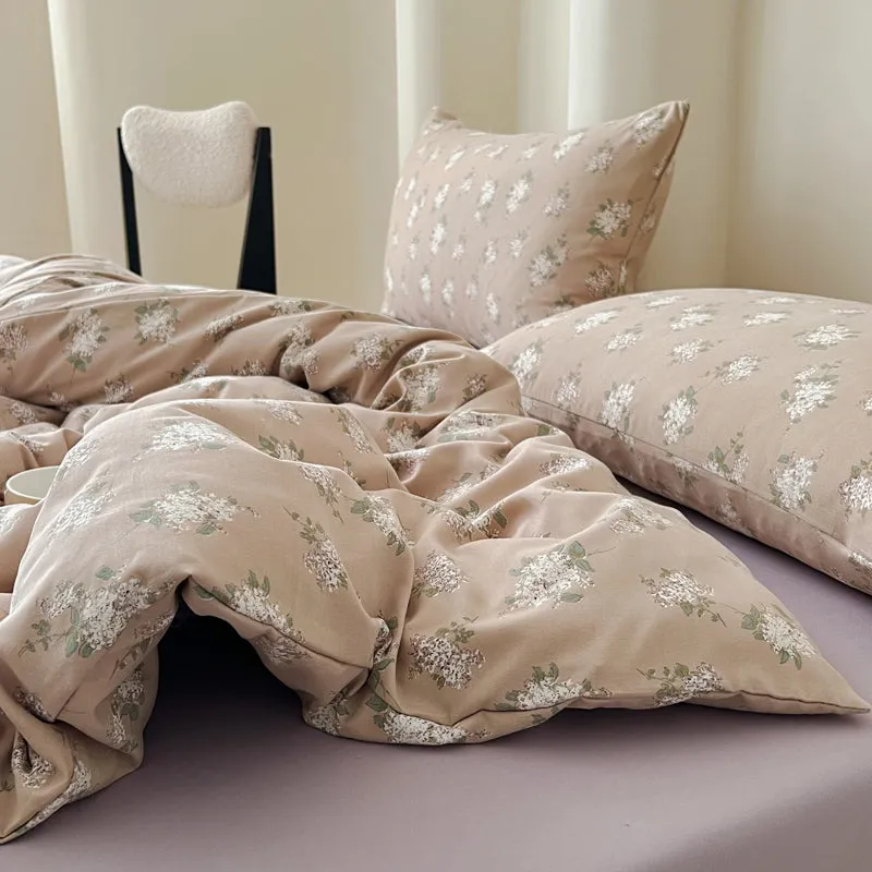 Modern Vintage Floral Double Gauze Cotton Duvet Cover Set, Taro Flat/Fitted Sheet