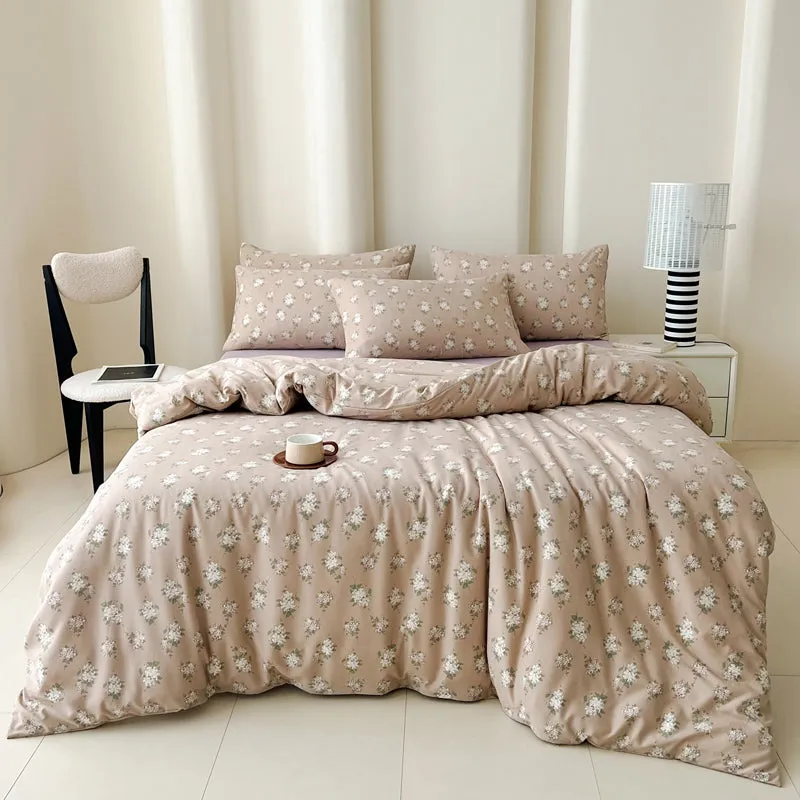 Modern Vintage Floral Double Gauze Cotton Duvet Cover Set, Taro Flat/Fitted Sheet