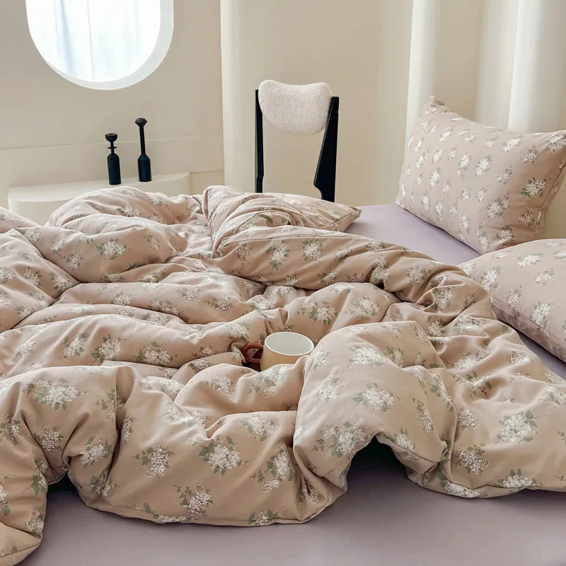 Modern Vintage Floral Double Gauze Cotton Duvet Cover Set, Taro Flat/Fitted Sheet