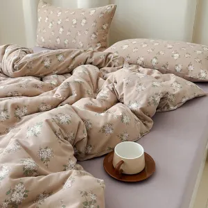 Modern Vintage Floral Double Gauze Cotton Duvet Cover Set, Taro Flat/Fitted Sheet