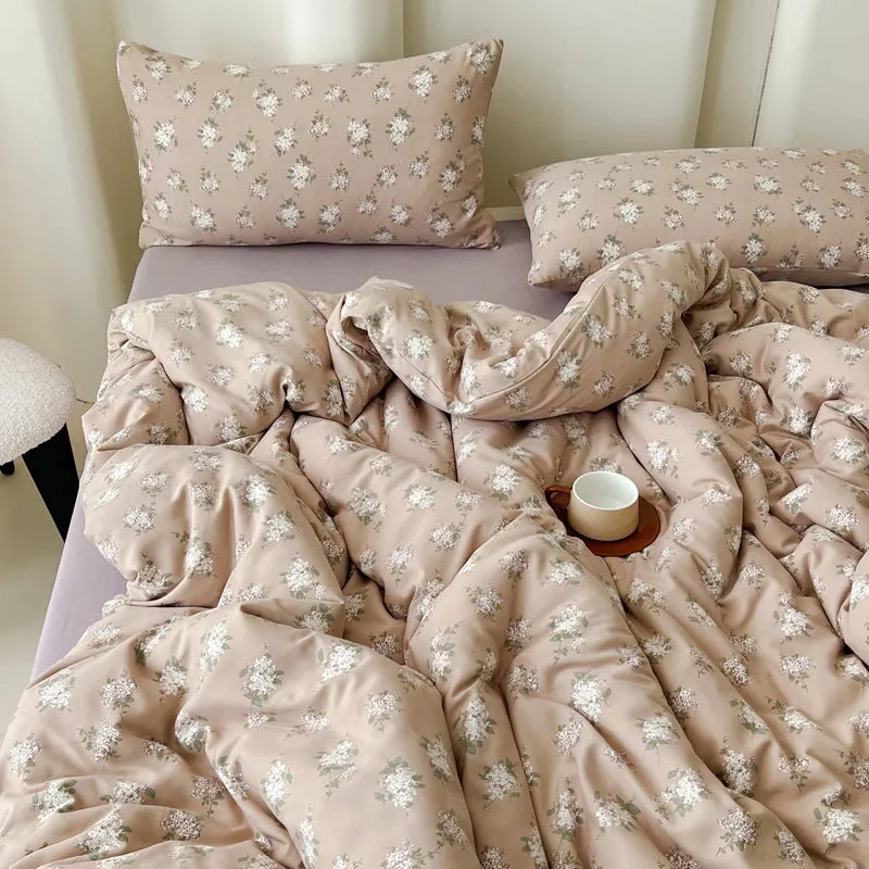 Modern Vintage Floral Double Gauze Cotton Duvet Cover Set, Taro Flat/Fitted Sheet