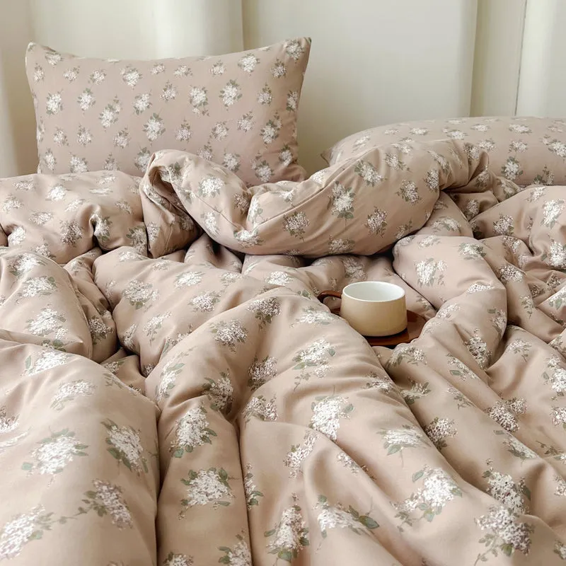 Modern Vintage Floral Double Gauze Cotton Duvet Cover Set, Taro Flat/Fitted Sheet
