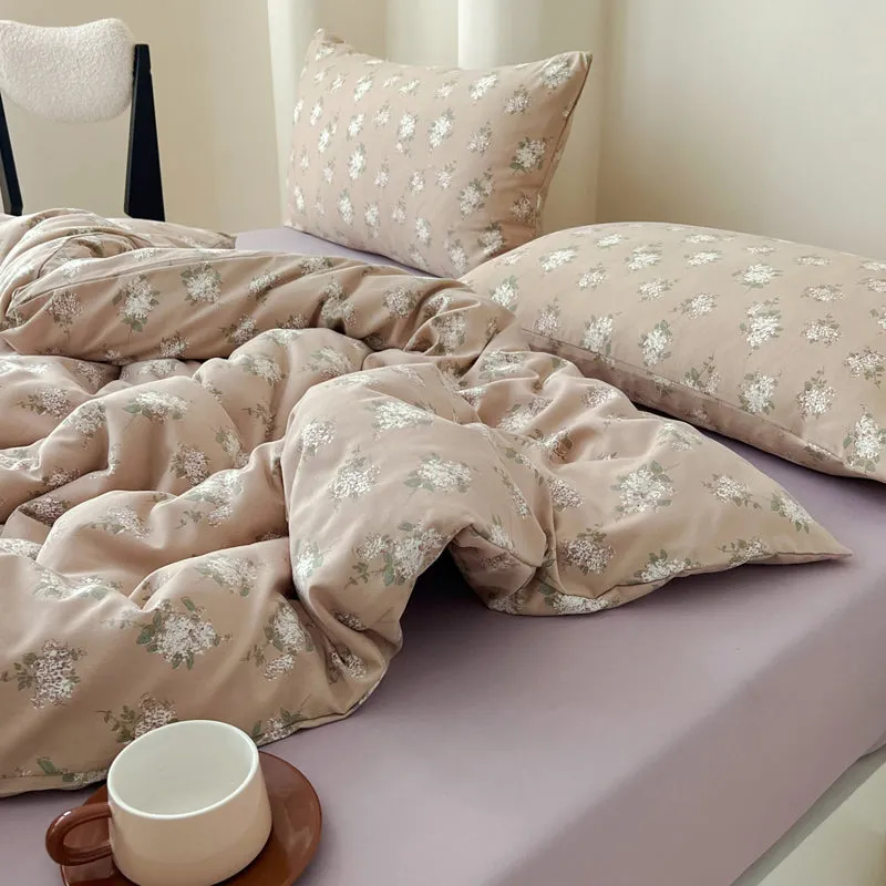 Modern Vintage Floral Double Gauze Cotton Duvet Cover Set, Taro Flat/Fitted Sheet