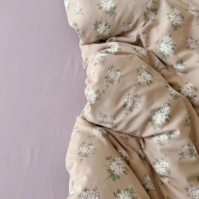 Modern Vintage Floral Double Gauze Cotton Duvet Cover Set, Taro Flat/Fitted Sheet