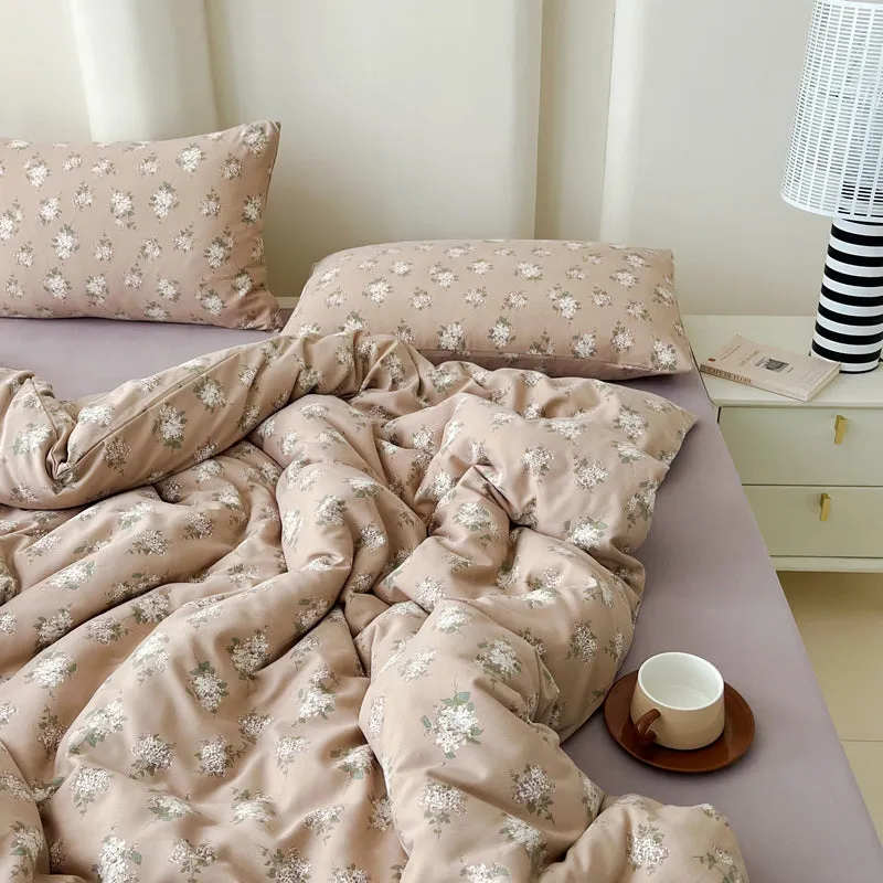Modern Vintage Floral Double Gauze Cotton Duvet Cover Set, Taro Flat/Fitted Sheet