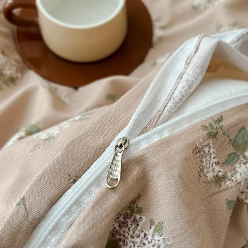 Modern Vintage Floral Double Gauze Cotton Duvet Cover Set, Taro Flat/Fitted Sheet