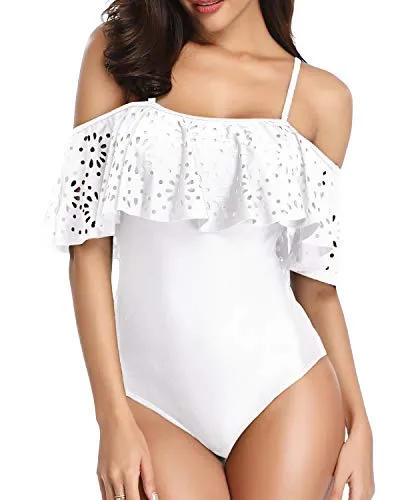 Modest One Piece Swimsuit Full Coverage Tummy Control Swimwear-White