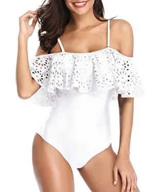 Modest One Piece Swimsuit Full Coverage Tummy Control Swimwear-White