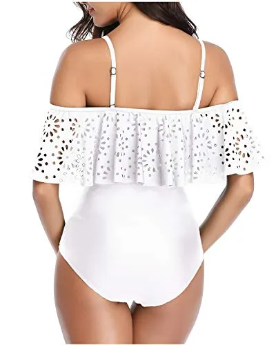 Modest One Piece Swimsuit Full Coverage Tummy Control Swimwear-White