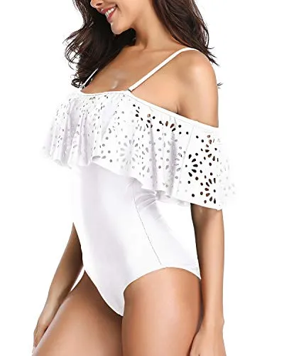 Modest One Piece Swimsuit Full Coverage Tummy Control Swimwear-White