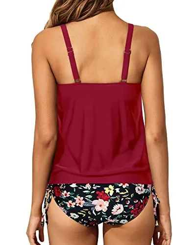 Modest Tummy Control Two Piece Swimsuits For Women-Red Floral