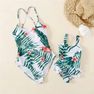 Mommy and Me Matching Swimsuit Floral Plant One Piece Swimsuit