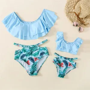 Mommy and Me Swimsuit Blue Ruffle Floral Bikini Sets Daughter Mother