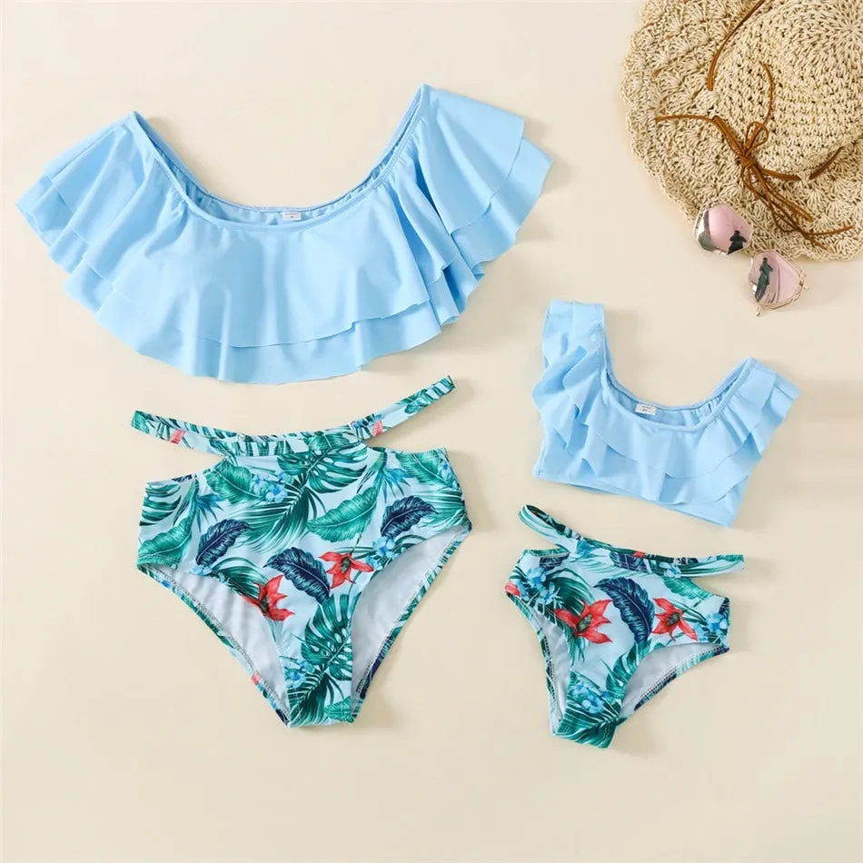 Mommy and Me Swimsuit Blue Ruffle Floral Bikini Sets Daughter Mother
