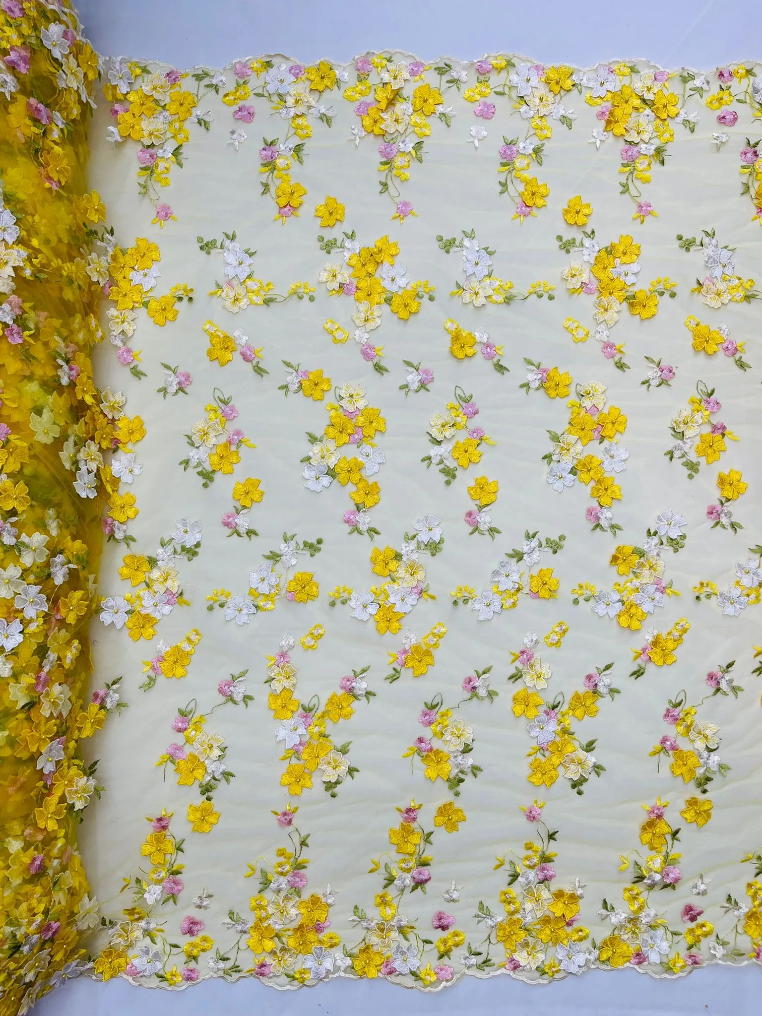 Multi color 3d floral Daisy design embroider with pearls in a mesh lace fabric -sold by the yard.
