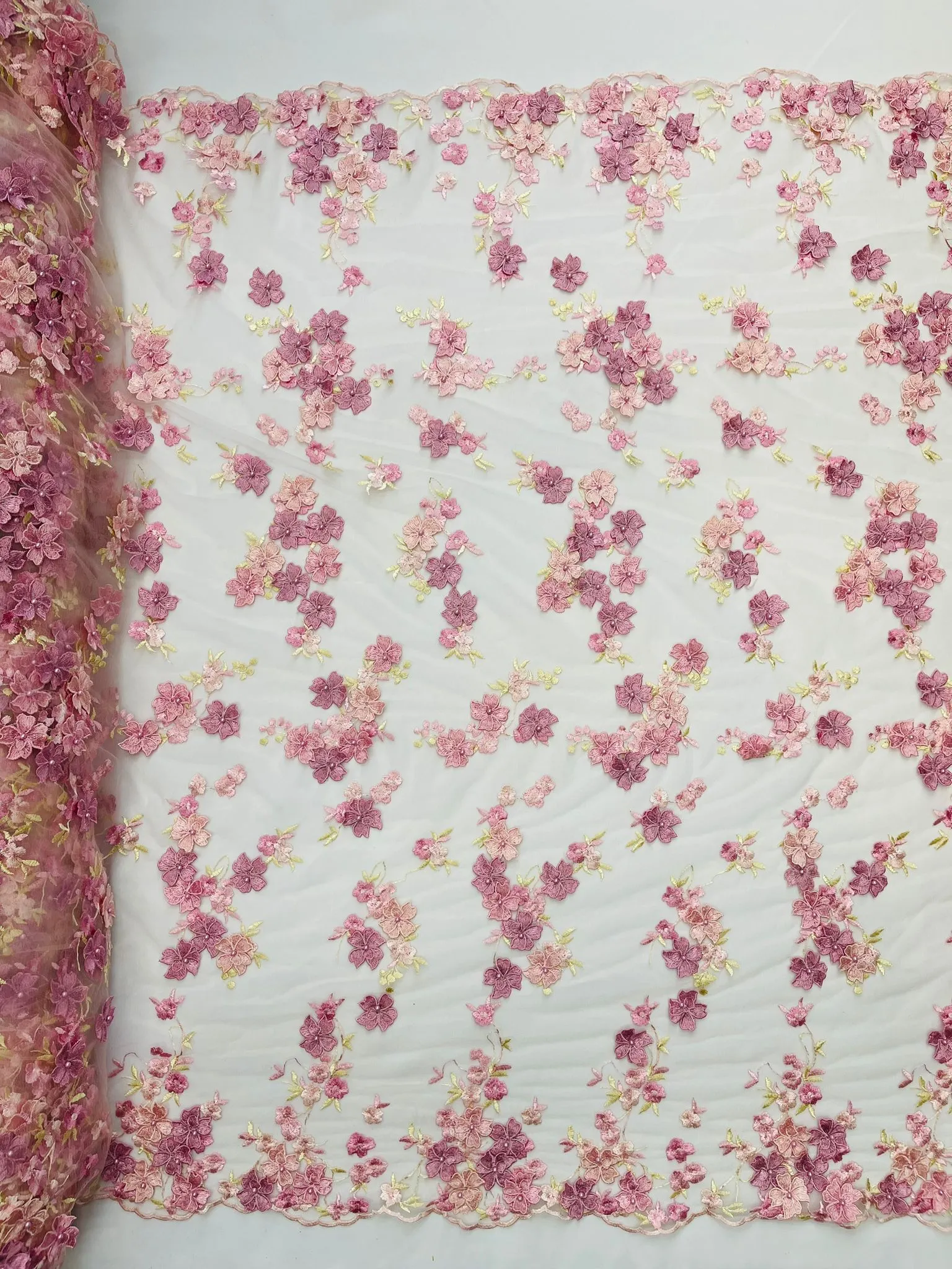 Multi color 3d floral Daisy design embroider with pearls in a mesh lace fabric -sold by the yard.