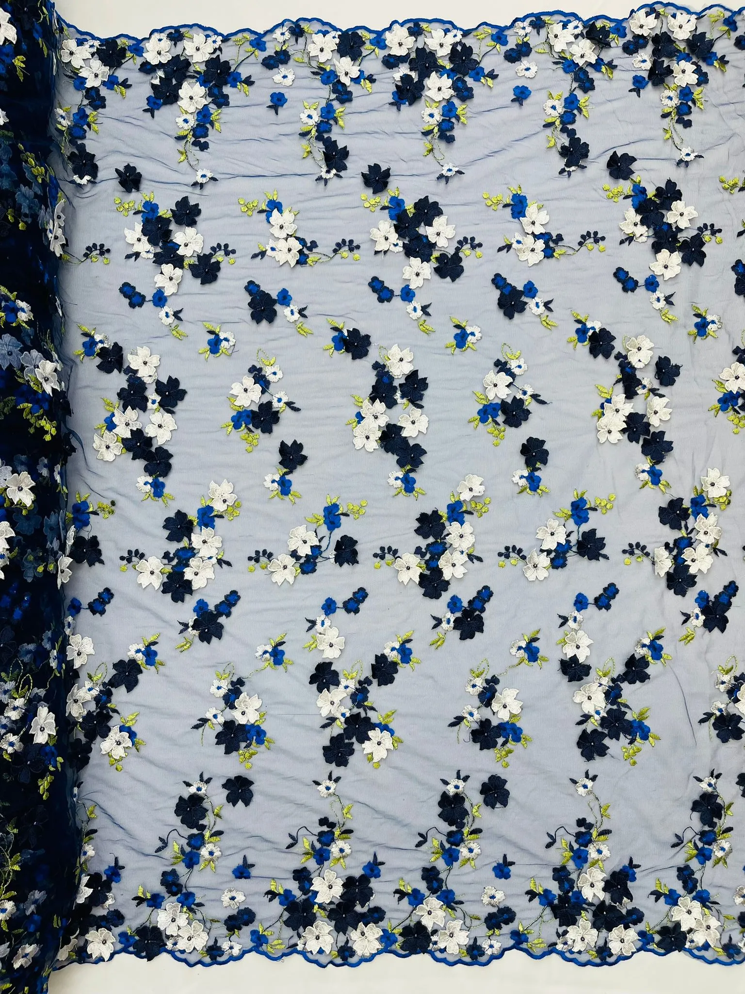 Multi color 3d floral Daisy design embroider with pearls in a mesh lace fabric -sold by the yard.