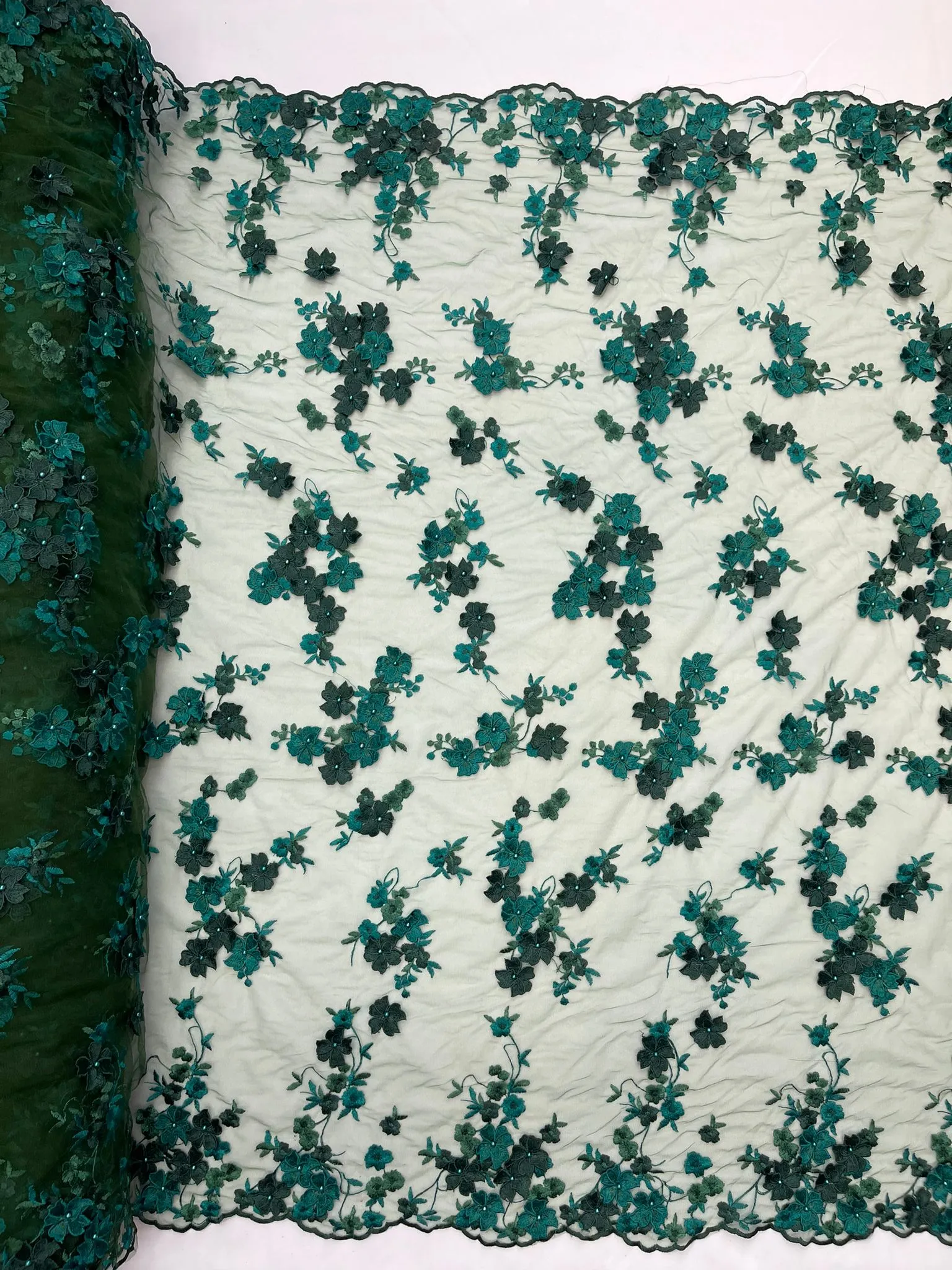 Multi color 3d floral Daisy design embroider with pearls in a mesh lace fabric -sold by the yard.