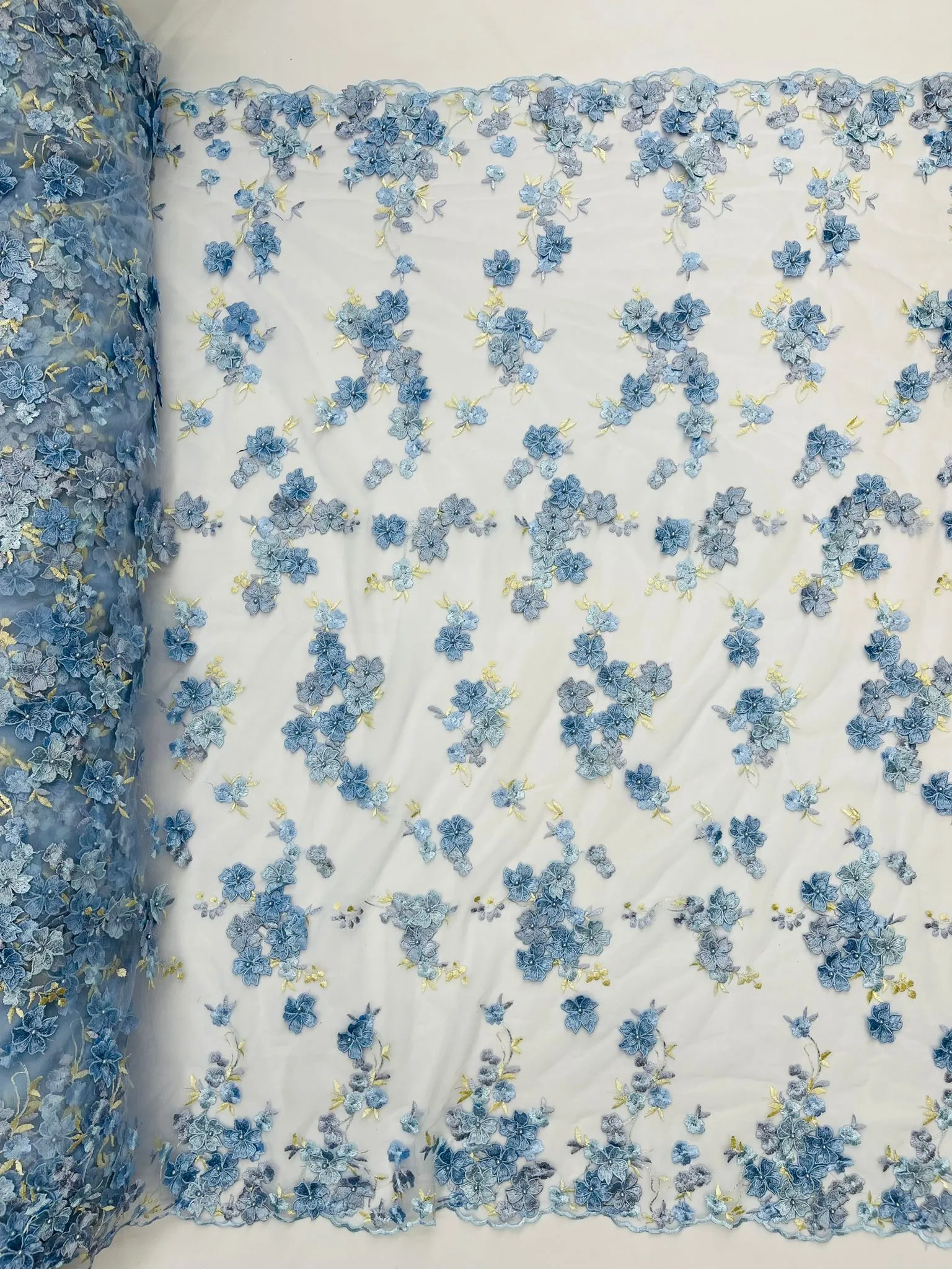 Multi color 3d floral Daisy design embroider with pearls in a mesh lace fabric -sold by the yard.
