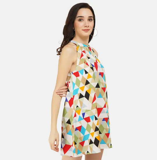 Multi-colored Abstract Printed Halter Neck Dress