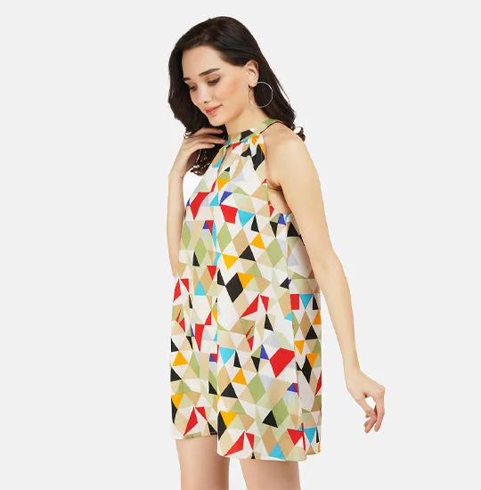Multi-colored Abstract Printed Halter Neck Dress