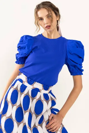 Multi Fabric Puffed Sleeve Knit Top