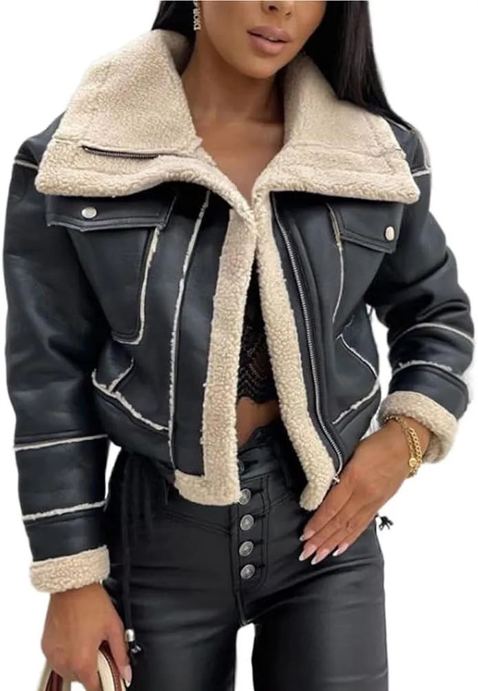 Mywinway Womens Cropped Suede Sherpa Lined Leather Jacket 2024 Fall Winter Faux Leather Bomber Aviator Biker Short Coats