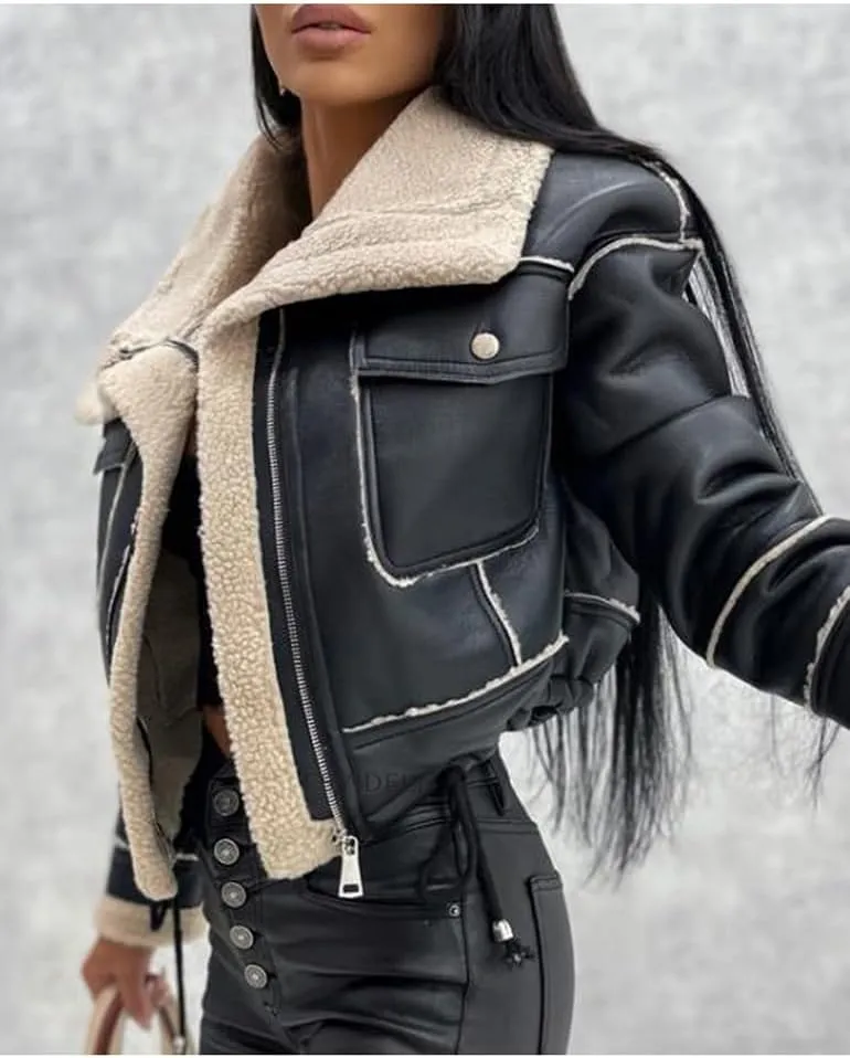 Mywinway Womens Cropped Suede Sherpa Lined Leather Jacket 2024 Fall Winter Faux Leather Bomber Aviator Biker Short Coats