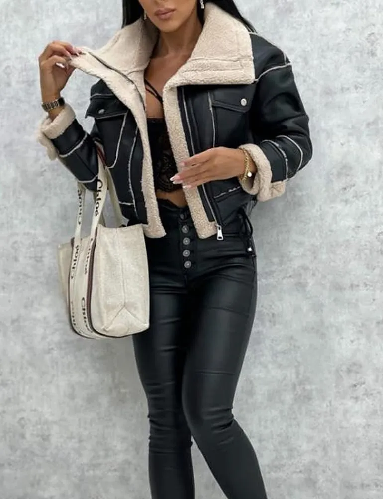 Mywinway Womens Cropped Suede Sherpa Lined Leather Jacket 2024 Fall Winter Faux Leather Bomber Aviator Biker Short Coats
