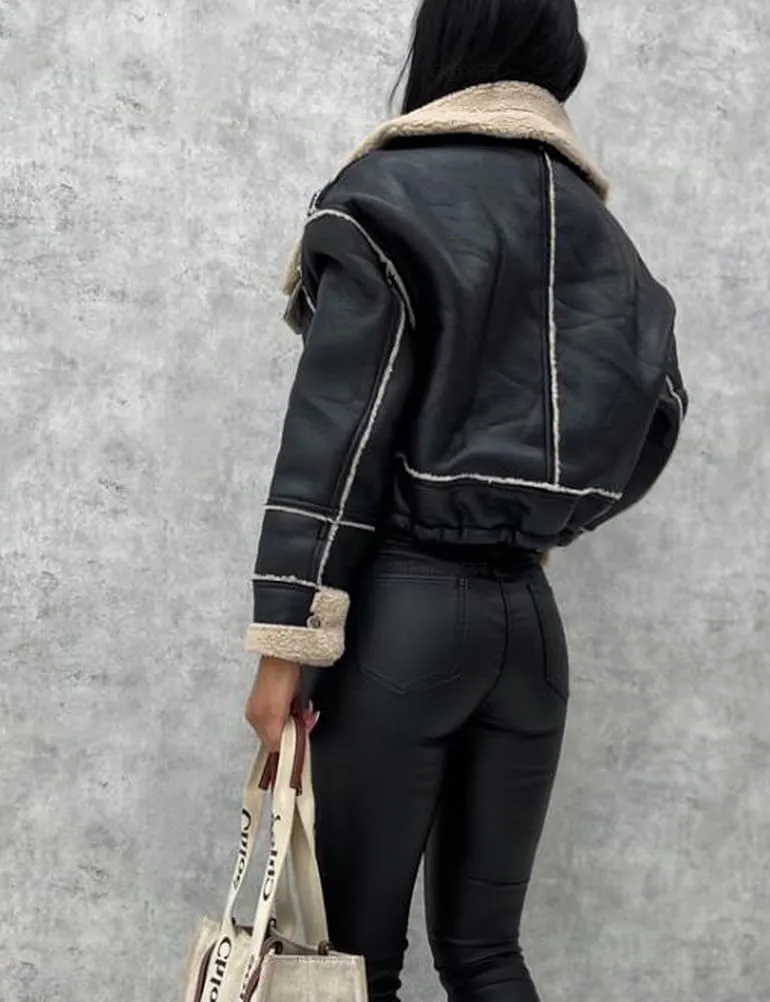 Mywinway Womens Cropped Suede Sherpa Lined Leather Jacket 2024 Fall Winter Faux Leather Bomber Aviator Biker Short Coats