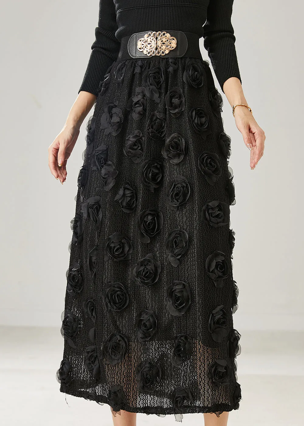 Natural Black Stereoscopic Floral Knit Skirts Summer AZ1047