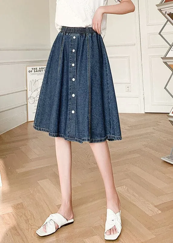 Natural Navy Elastic Waist Button 2022 Cotton Denim Skirts Summer