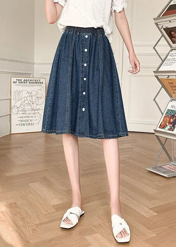 Natural Navy Elastic Waist Button 2022 Cotton Denim Skirts Summer