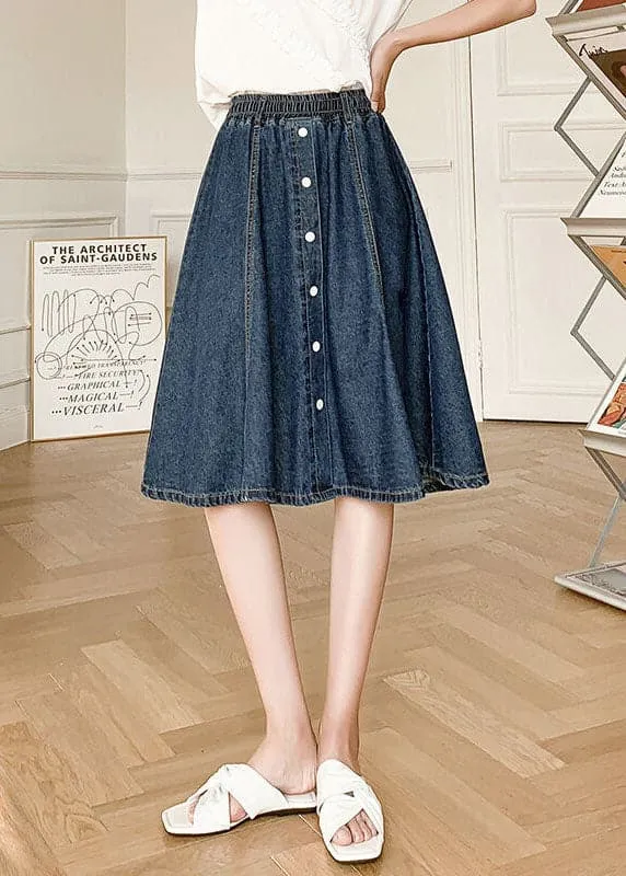 Natural Navy Elastic Waist Button 2022 Cotton Denim Skirts Summer